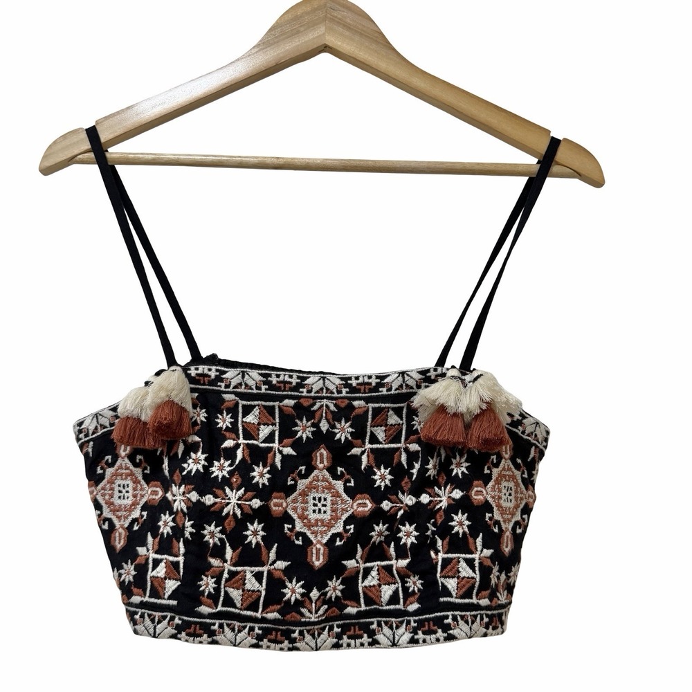 Anthropologie Embroidered Cropped Tank Top Size 8 Black Boho Festival Coachella